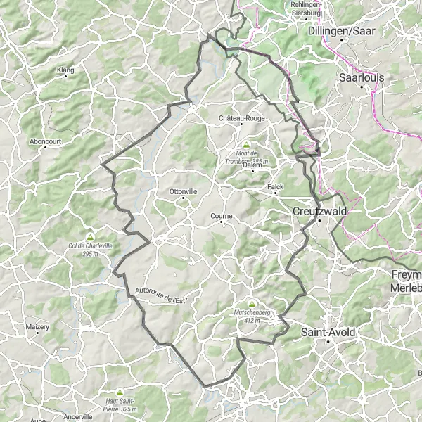 Map miniature of "Exploring the Hills of Lorraine" cycling inspiration in Lorraine, France. Generated by Tarmacs.app cycling route planner