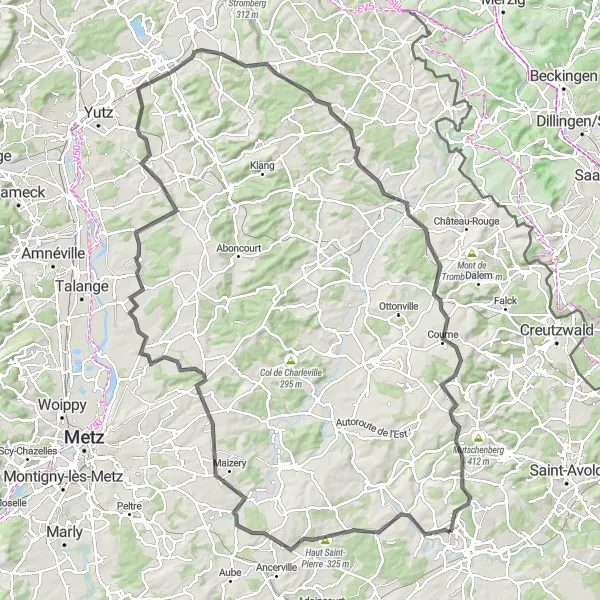 Map miniature of "Challenging Hills and Beautiful Villages" cycling inspiration in Lorraine, France. Generated by Tarmacs.app cycling route planner