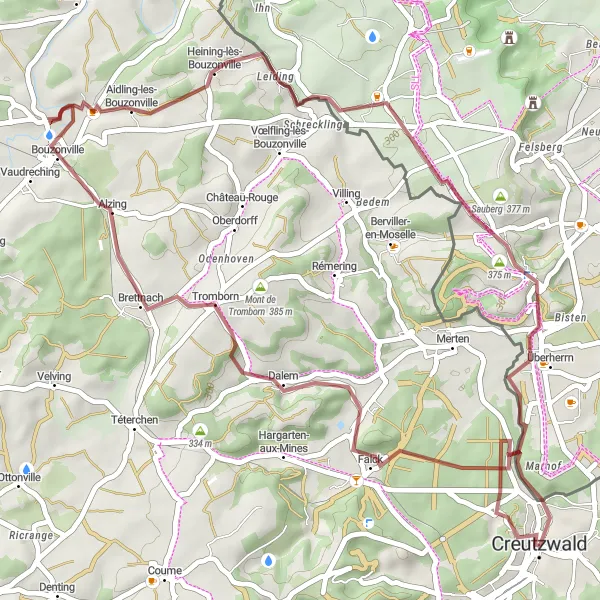 Miniature de la carte de l'inspiration cycliste "Escapade Gravel dans les environs de Creutzwald" dans la Lorraine, France. Générée par le planificateur d'itinéraire cycliste Tarmacs.app