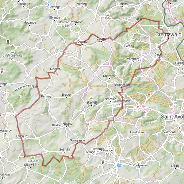 Map miniature of "Boucheporn Gravel Adventure" cycling inspiration in Lorraine, France. Generated by Tarmacs.app cycling route planner
