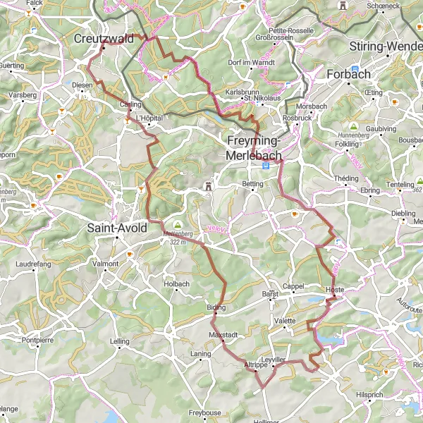 Map miniature of "Gravel Adventure to Freyming-Merlebach and Leyviller" cycling inspiration in Lorraine, France. Generated by Tarmacs.app cycling route planner
