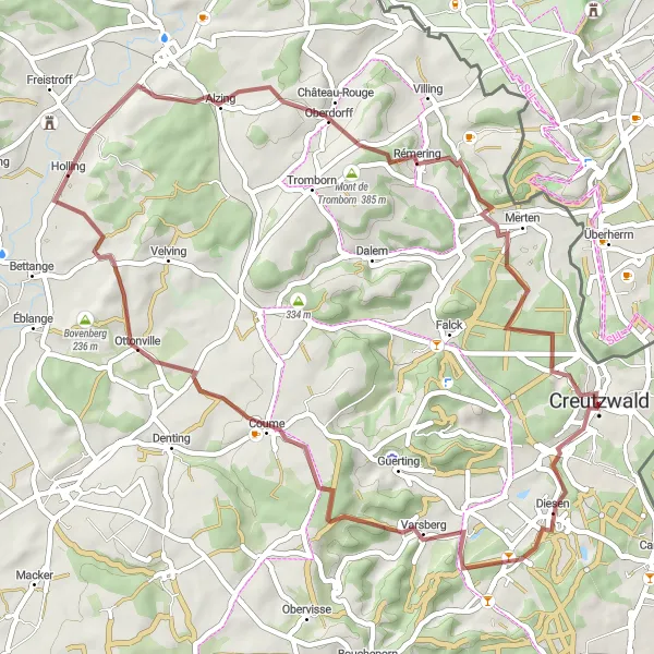 Map miniature of "Scenic Gravel Route to Coume and Valmunster" cycling inspiration in Lorraine, France. Generated by Tarmacs.app cycling route planner