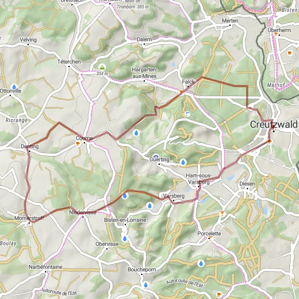 Miniature de la carte de l'inspiration cycliste "Aventure gravel autour de Creutzwald" dans la Lorraine, France. Générée par le planificateur d'itinéraire cycliste Tarmacs.app