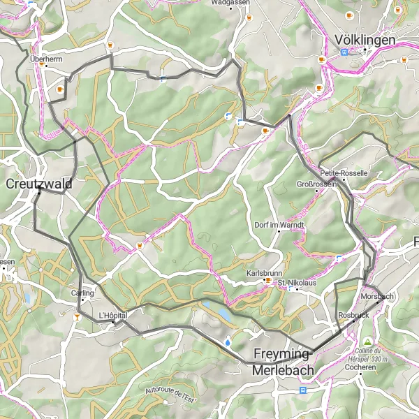 Miniature de la carte de l'inspiration cycliste "Circuit routier relaxant depuis Creutzwald" dans la Lorraine, France. Générée par le planificateur d'itinéraire cycliste Tarmacs.app