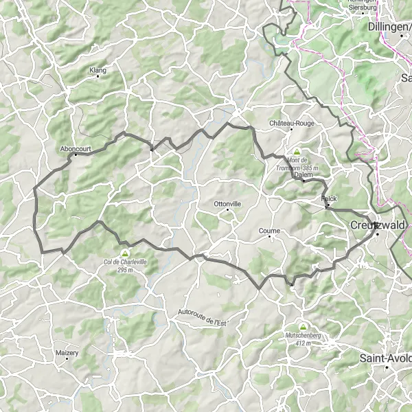 Map miniature of "Hills of Moselle" cycling inspiration in Lorraine, France. Generated by Tarmacs.app cycling route planner
