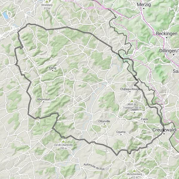 Map miniature of "Roads of Moselle" cycling inspiration in Lorraine, France. Generated by Tarmacs.app cycling route planner