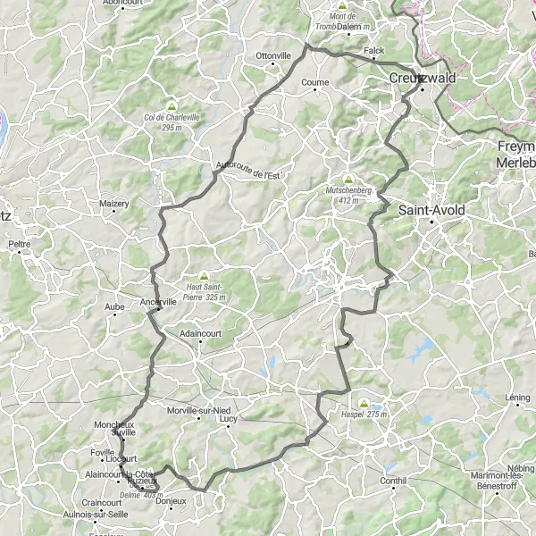 Miniature de la carte de l'inspiration cycliste "Parcours autour de Creutzwald" dans la Lorraine, France. Générée par le planificateur d'itinéraire cycliste Tarmacs.app