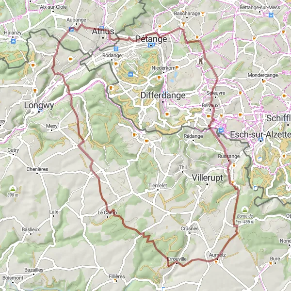 Map miniature of "Bréhain-la-Ville and Russange Gravel Cycling Route" cycling inspiration in Lorraine, France. Generated by Tarmacs.app cycling route planner