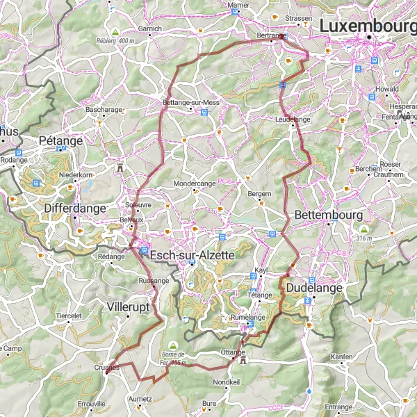 Map miniature of "Audun-le-Tiche and Ottange Gravel Loop" cycling inspiration in Lorraine, France. Generated by Tarmacs.app cycling route planner