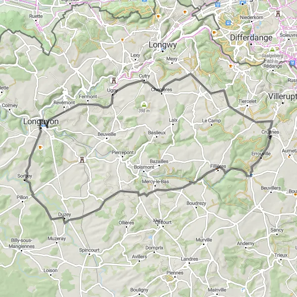 Map miniature of "Fillières and Bourène Road Loop" cycling inspiration in Lorraine, France. Generated by Tarmacs.app cycling route planner