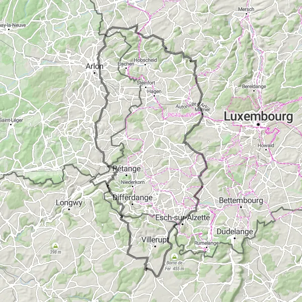 Map miniature of "Hussigny-Godbrange and Esch-sur-Alzette Road Cycling Route" cycling inspiration in Lorraine, France. Generated by Tarmacs.app cycling route planner