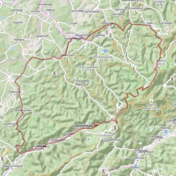 Miniature de la carte de l'inspiration cycliste "Exploration des Vosges en gravel" dans la Lorraine, France. Générée par le planificateur d'itinéraire cycliste Tarmacs.app