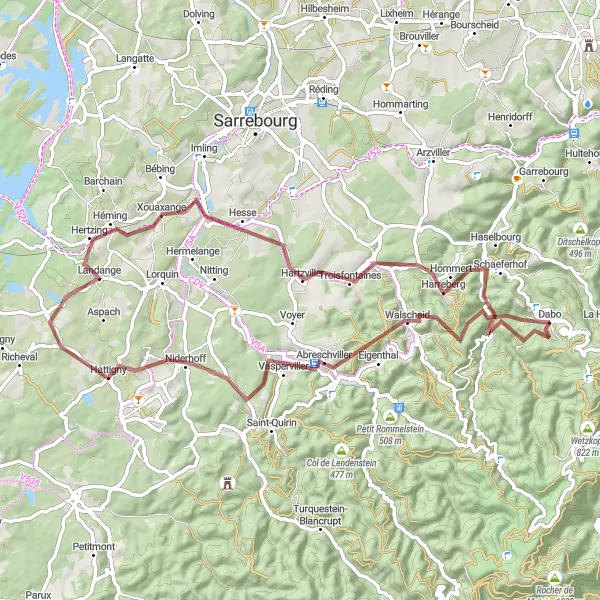 Map miniature of "Off the Beaten Path Gravel Ride" cycling inspiration in Lorraine, France. Generated by Tarmacs.app cycling route planner