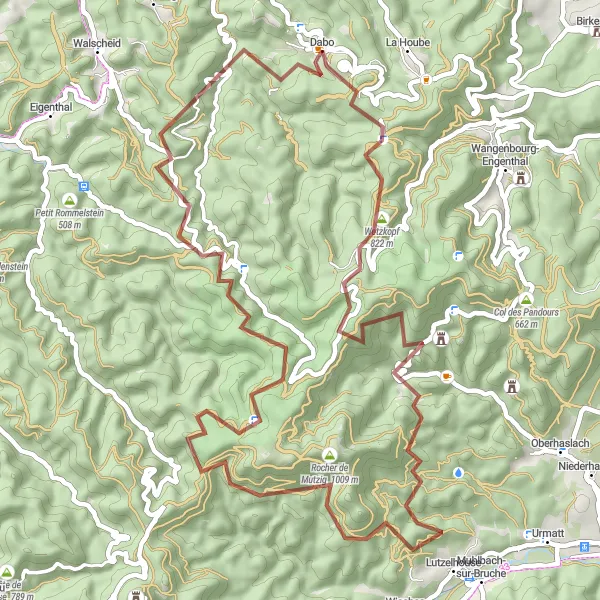 Miniature de la carte de l'inspiration cycliste "Aventure au Rocher de Mutzig" dans la Lorraine, France. Générée par le planificateur d'itinéraire cycliste Tarmacs.app