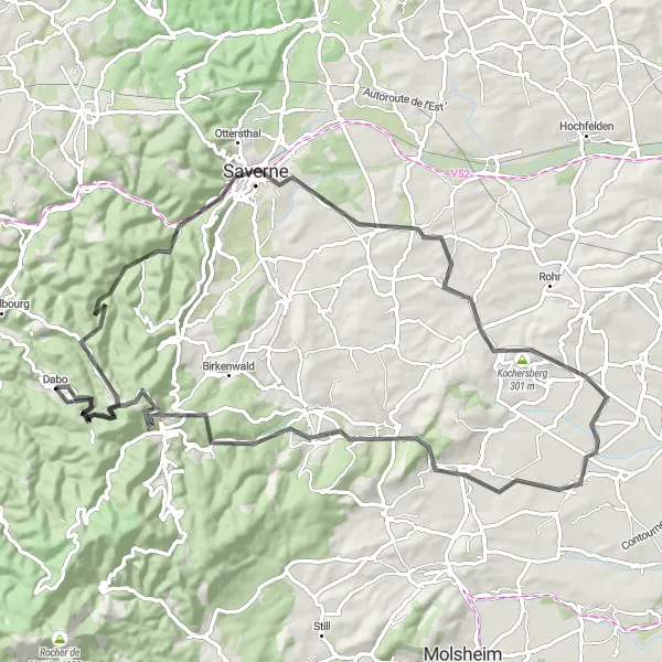 Miniature de la carte de l'inspiration cycliste "Exploration du Kochersberg" dans la Lorraine, France. Générée par le planificateur d'itinéraire cycliste Tarmacs.app