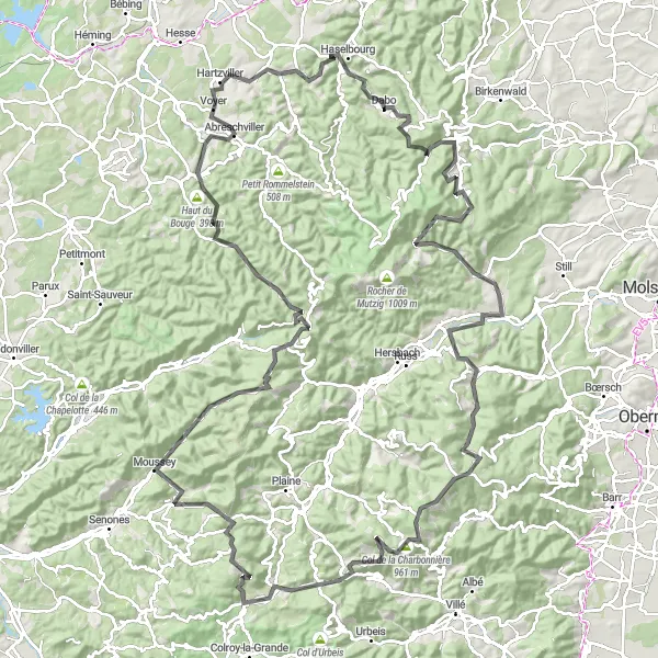 Map miniature of "The Vosges Castle Loop" cycling inspiration in Lorraine, France. Generated by Tarmacs.app cycling route planner