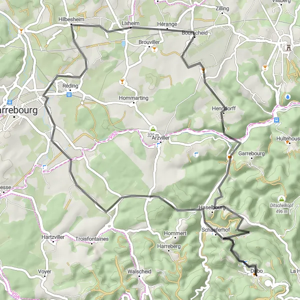 Miniature de la carte de l'inspiration cycliste "Boucle autour de Brouderdorff" dans la Lorraine, France. Générée par le planificateur d'itinéraire cycliste Tarmacs.app