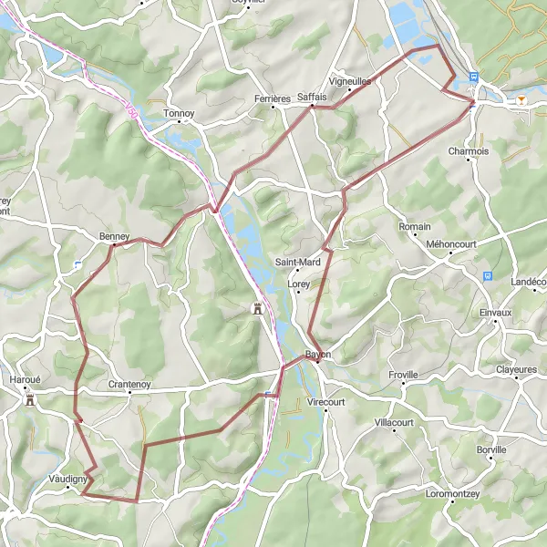 Miniature de la carte de l'inspiration cycliste "Parcours entre Domptail-en-l'Air et Saffais" dans la Lorraine, France. Générée par le planificateur d'itinéraire cycliste Tarmacs.app