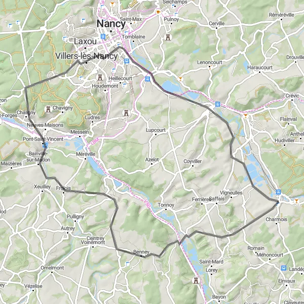 Miniature de la carte de l'inspiration cycliste "Les joyaux de la Moselle" dans la Lorraine, France. Générée par le planificateur d'itinéraire cycliste Tarmacs.app