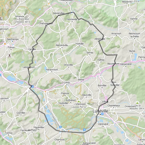 Miniature de la carte de l'inspiration cycliste "Boucle de Damelevières et ses environs" dans la Lorraine, France. Générée par le planificateur d'itinéraire cycliste Tarmacs.app