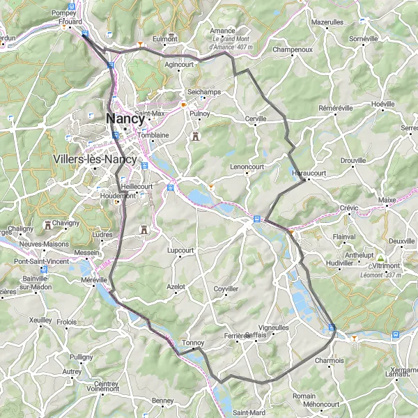 Miniature de la carte de l'inspiration cycliste "Tour de Flavigny-sur-Moselle" dans la Lorraine, France. Générée par le planificateur d'itinéraire cycliste Tarmacs.app