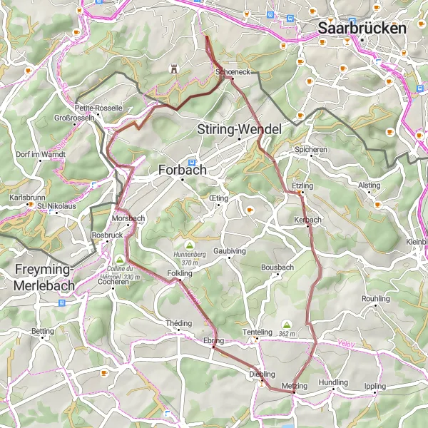 Map miniature of "Discover Scenic Gravel Routes" cycling inspiration in Lorraine, France. Generated by Tarmacs.app cycling route planner