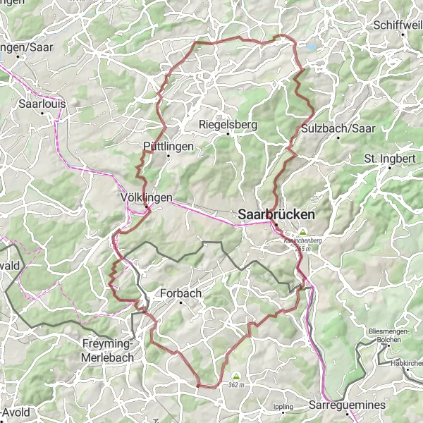 Miniature de la carte de l'inspiration cycliste "Boucle des collines de Völklingen" dans la Lorraine, France. Générée par le planificateur d'itinéraire cycliste Tarmacs.app