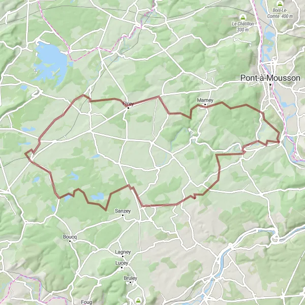 Map miniature of "Gravel Adventure: Dieulouard to Rogéville" cycling inspiration in Lorraine, France. Generated by Tarmacs.app cycling route planner