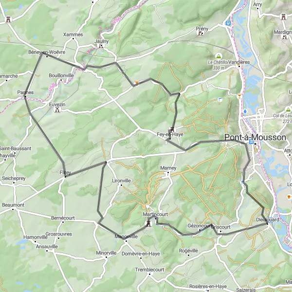 Map miniature of "Road Cycling: Dieulouard Circuit" cycling inspiration in Lorraine, France. Generated by Tarmacs.app cycling route planner