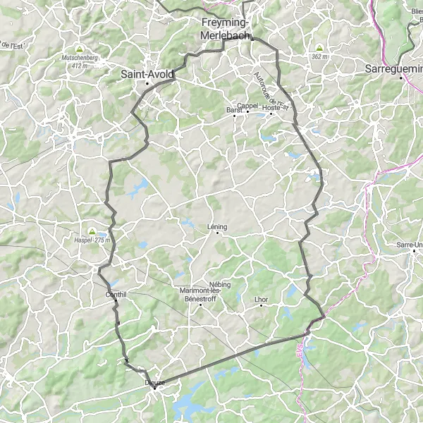 Miniature de la carte de l'inspiration cycliste "Les Montagnes de la Sarre" dans la Lorraine, France. Générée par le planificateur d'itinéraire cycliste Tarmacs.app