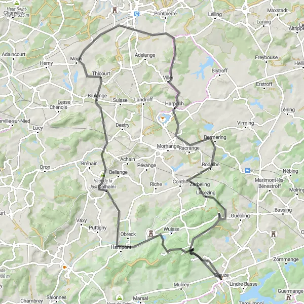 Miniature de la carte de l'inspiration cycliste "La Route des Châteaux" dans la Lorraine, France. Générée par le planificateur d'itinéraire cycliste Tarmacs.app