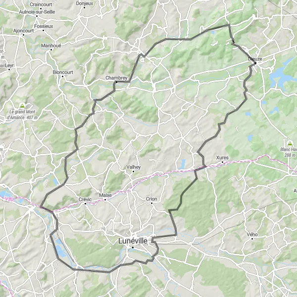 Miniature de la carte de l'inspiration cycliste "Le Circuit des Étangs" dans la Lorraine, France. Générée par le planificateur d'itinéraire cycliste Tarmacs.app