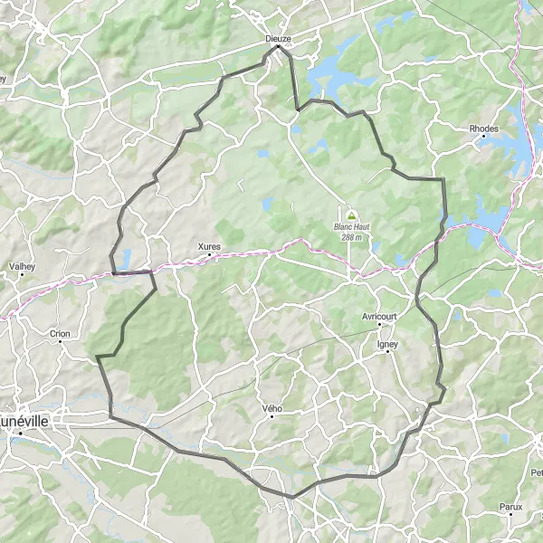 Miniature de la carte de l'inspiration cycliste "Le Tour des Vallées" dans la Lorraine, France. Générée par le planificateur d'itinéraire cycliste Tarmacs.app
