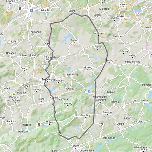 Miniature de la carte de l'inspiration cycliste "Les Rivières du Pays de Nied" dans la Lorraine, France. Générée par le planificateur d'itinéraire cycliste Tarmacs.app