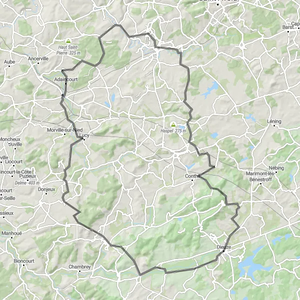 Miniature de la carte de l'inspiration cycliste "Les Coteaux de Moselle" dans la Lorraine, France. Générée par le planificateur d'itinéraire cycliste Tarmacs.app