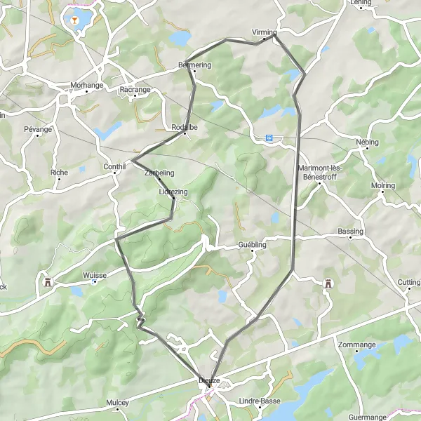 Miniature de la carte de l'inspiration cycliste "Les Vallons du Saulnois" dans la Lorraine, France. Générée par le planificateur d'itinéraire cycliste Tarmacs.app
