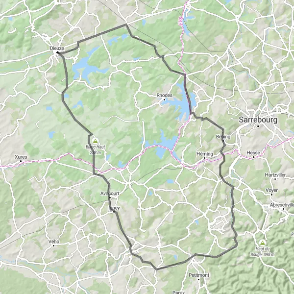 Miniature de la carte de l'inspiration cycliste "Les Collines de Vic" dans la Lorraine, France. Générée par le planificateur d'itinéraire cycliste Tarmacs.app