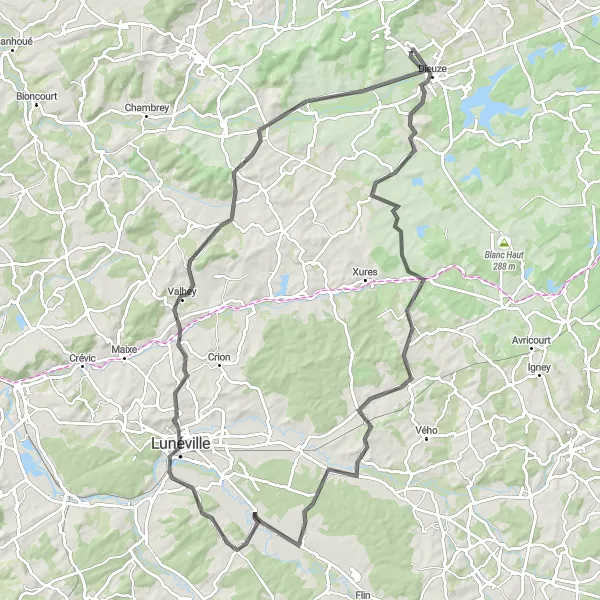 Miniature de la carte de l'inspiration cycliste "Les Coteaux de Lorraine" dans la Lorraine, France. Générée par le planificateur d'itinéraire cycliste Tarmacs.app