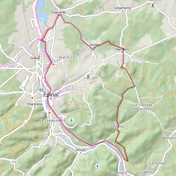 Map miniature of "The Dogneville Gravel Loop" cycling inspiration in Lorraine, France. Generated by Tarmacs.app cycling route planner