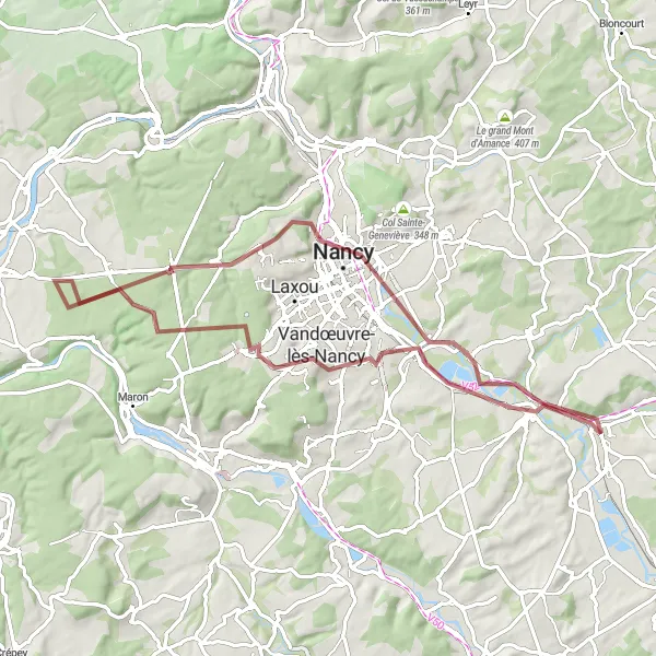 Miniature de la carte de l'inspiration cycliste "Les Chemins de Maxéville" dans la Lorraine, France. Générée par le planificateur d'itinéraire cycliste Tarmacs.app