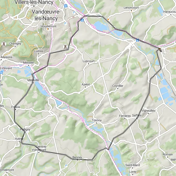 Miniature de la carte de l'inspiration cycliste "Boucle autour de Dombasle-sur-Meurthe" dans la Lorraine, France. Générée par le planificateur d'itinéraire cycliste Tarmacs.app