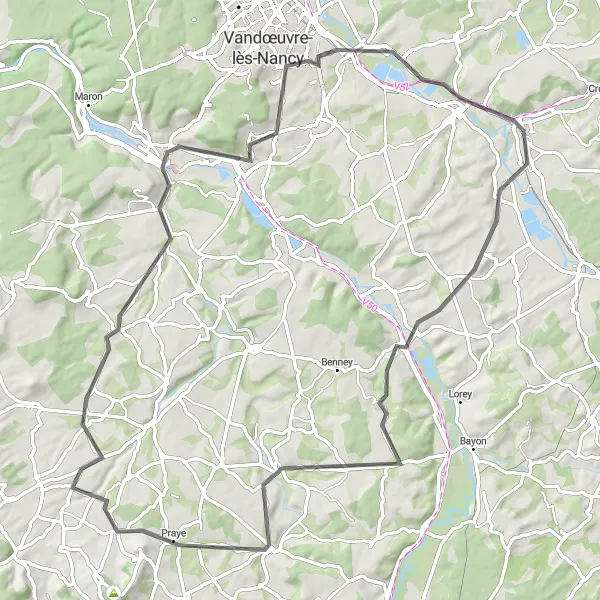 Map miniature of "Challenging Road Loop with Scenic Views" cycling inspiration in Lorraine, France. Generated by Tarmacs.app cycling route planner