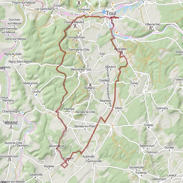 Miniature de la carte de l'inspiration cycliste "Les sentiers gravel de Bicqueley" dans la Lorraine, France. Générée par le planificateur d'itinéraire cycliste Tarmacs.app