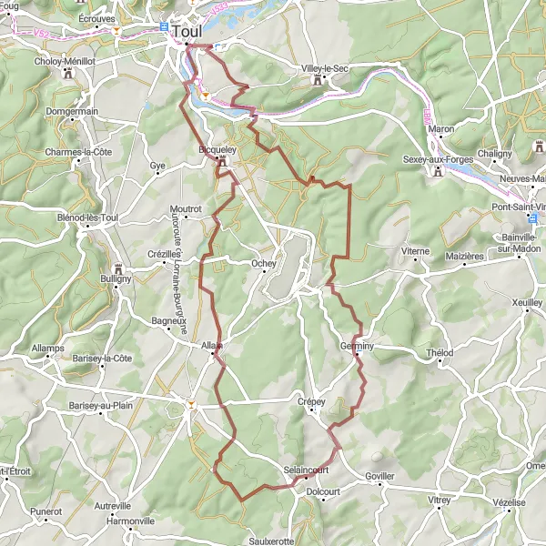 Miniature de la carte de l'inspiration cycliste "Boucle de la Meurthe-et-Moselle" dans la Lorraine, France. Générée par le planificateur d'itinéraire cycliste Tarmacs.app