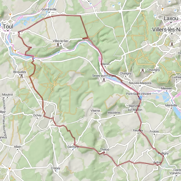 Map miniature of "Gondreville Gravel Adventure" cycling inspiration in Lorraine, France. Generated by Tarmacs.app cycling route planner