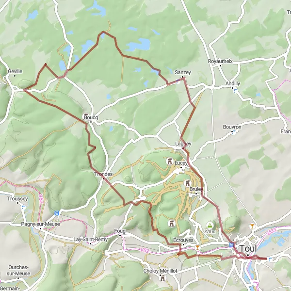 Miniature de la carte de l'inspiration cycliste "Circuit de la Meuse et de la Moselle" dans la Lorraine, France. Générée par le planificateur d'itinéraire cycliste Tarmacs.app