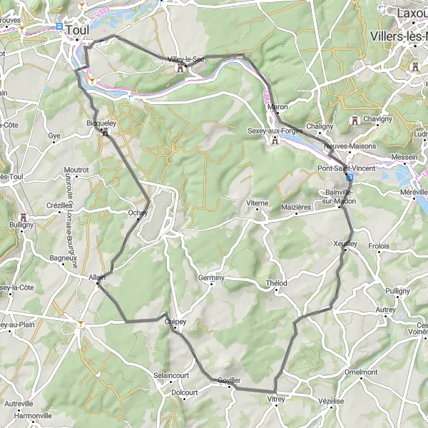 Map miniature of "Villey-le-Sec Loop" cycling inspiration in Lorraine, France. Generated by Tarmacs.app cycling route planner