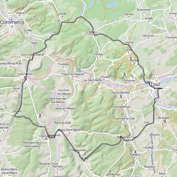 Map miniature of "Charming Villages and Natural Beauty" cycling inspiration in Lorraine, France. Generated by Tarmacs.app cycling route planner