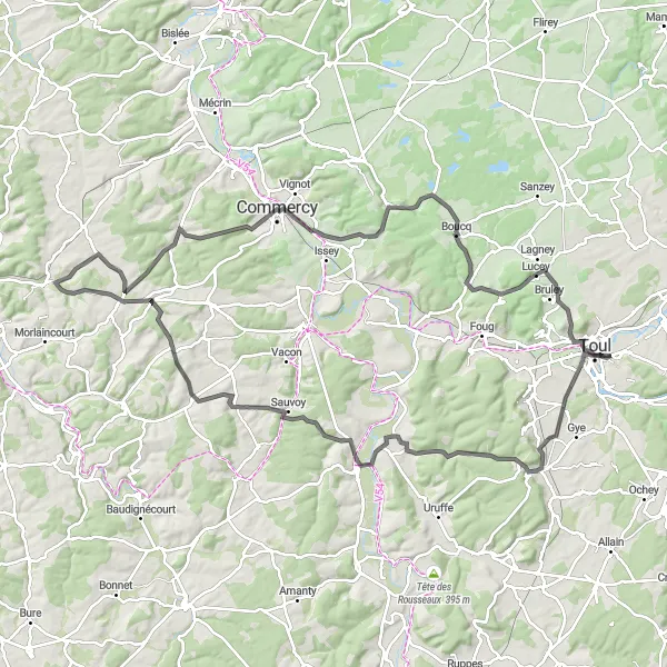 Miniature de la carte de l'inspiration cycliste "Grand Tour des Côtes de Meuse" dans la Lorraine, France. Générée par le planificateur d'itinéraire cycliste Tarmacs.app