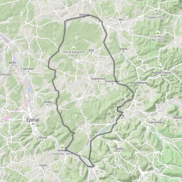 Map miniature of "Classic road cycling in the Vosges" cycling inspiration in Lorraine, France. Generated by Tarmacs.app cycling route planner